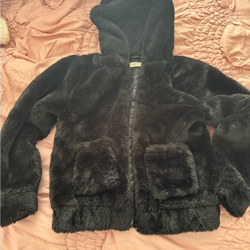 H&M Kids Black Faux Fur Puffer Jacket Size 9/10